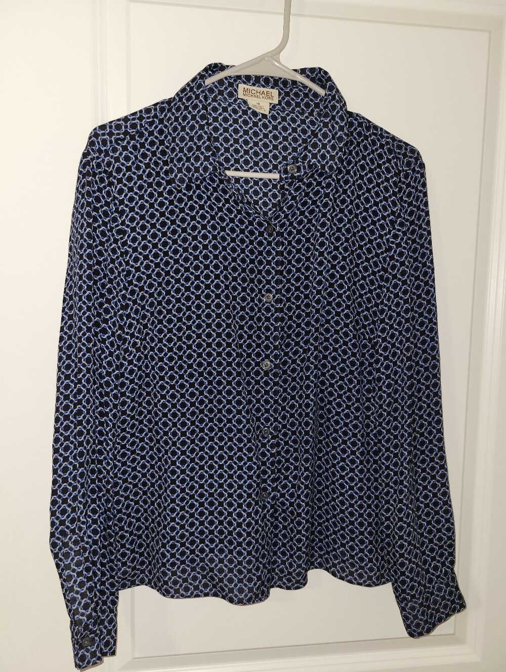 Michael Kors Navy and Light Blue Geometric Button-Front Blouse